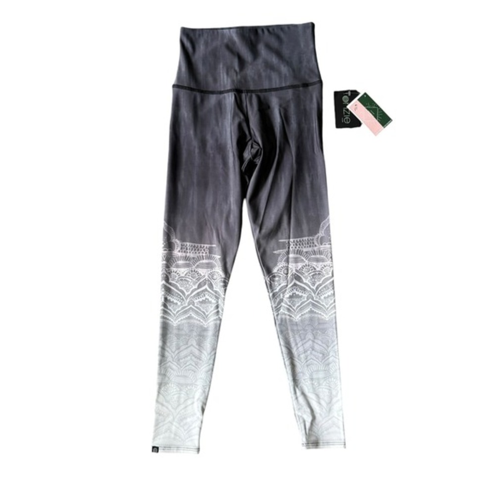 NWT Onzie High Rise Midi Leggings XS Grey White Ombre Mandala Lace Graphic